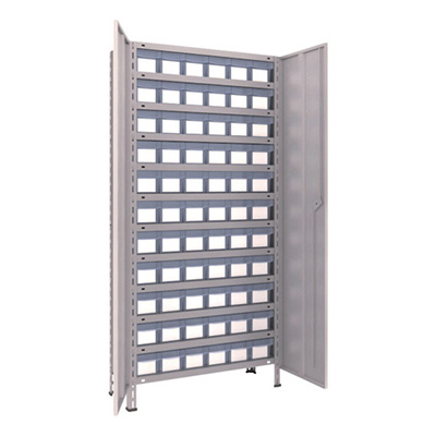 トラスコ TRUSCO スチールラック 軽量棚扉付 875×300×1800樹脂引出透明小×66 ネオグレー 63V-T812C11 504-3646 (商品コード：169109)