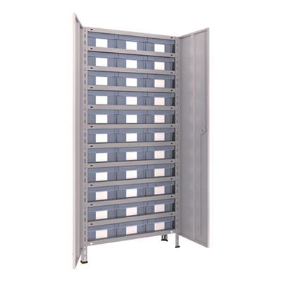 トラスコ TRUSCO スチールラック 軽量棚扉付 875×300×1800樹脂引出透明大×33 ネオグレー 63V-T812D11 504-3051 (商品コード：169110)